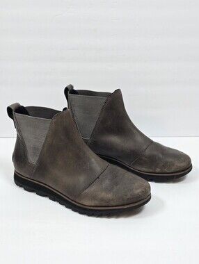 SOREL Harlow Chelsea Leather Boots Sz.8 Waterproof Pull On Wedge Booties